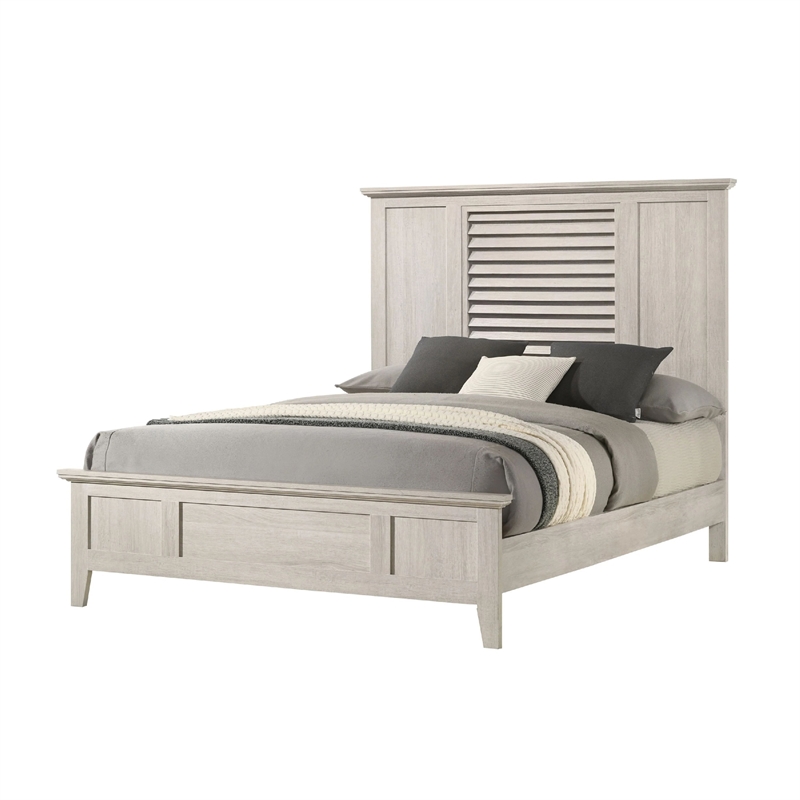 Sary Queen Size Bed w Tall Louvered Headboard- Tapered Front Legs- Off White