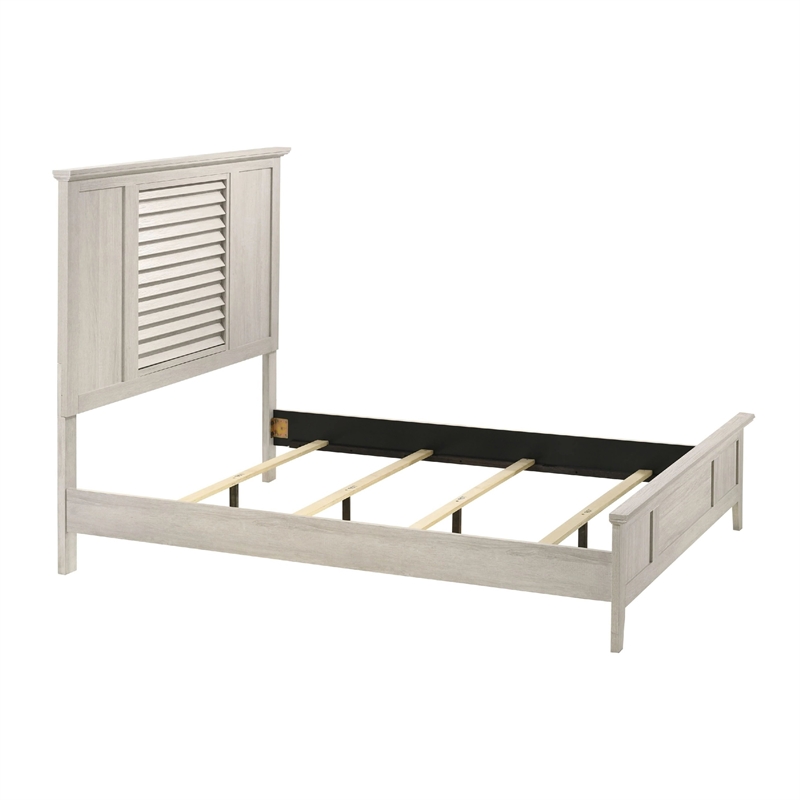 Sary Queen Size Bed w Tall Louvered Headboard- Tapered Front Legs- Off White