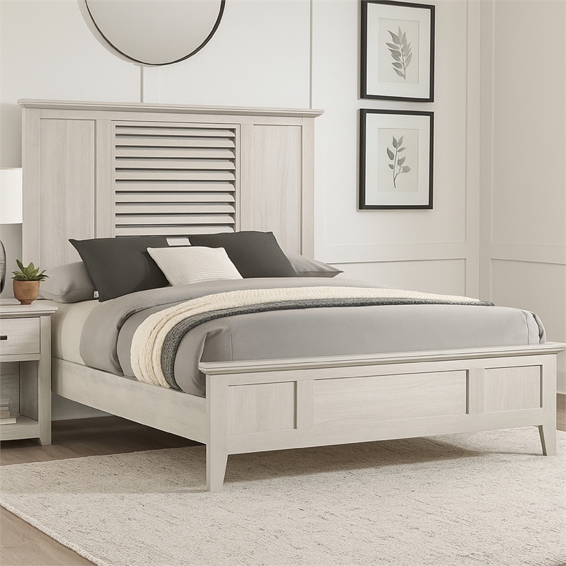 Sary Queen Size Bed w Tall Louvered Headboard- Tapered Front Legs- Off White
