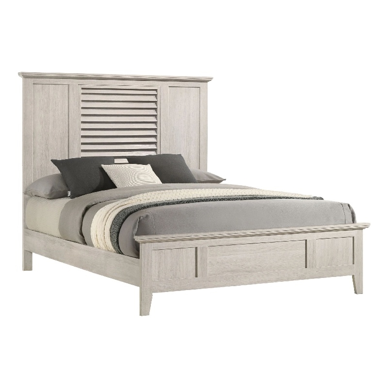 Sary Queen Size Bed w Tall Louvered Headboard- Tapered Front Legs- Off White