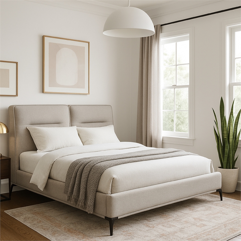 Lomp Low Queen Bed- Padded Tufted Mist Sand Brown Polyester Upholstery