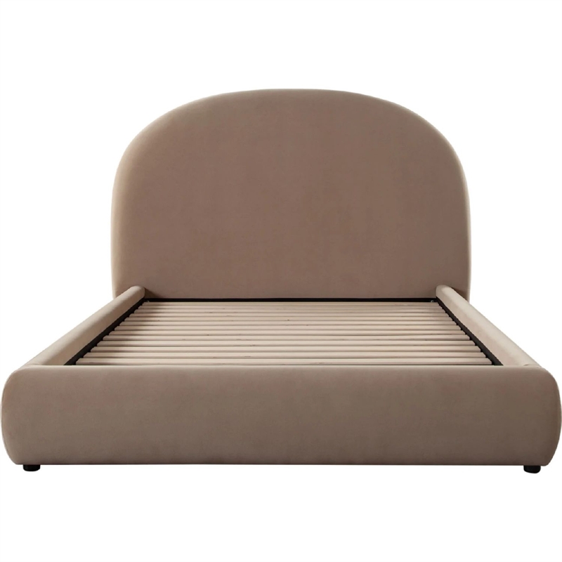 Feny Queen Size Bed w Arch Headboard- Camel Brown Velvet Upholstery