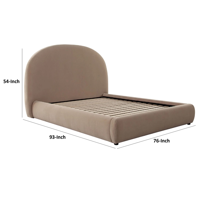 Feny Queen Size Bed w Arch Headboard- Camel Brown Velvet Upholstery