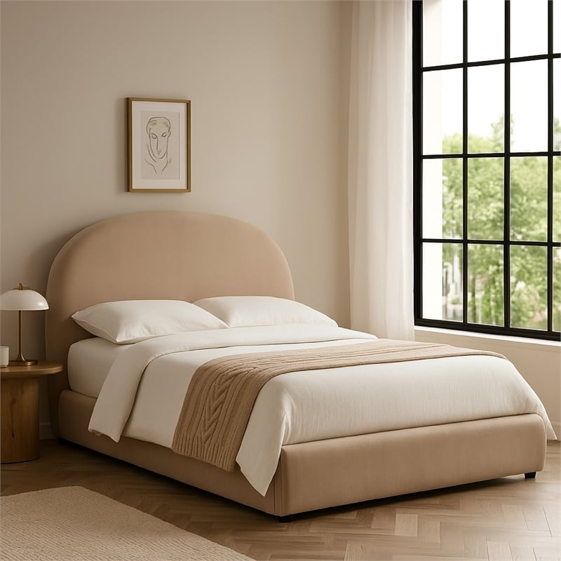 Feny Queen Size Bed w Arch Headboard- Camel Brown Velvet Upholstery