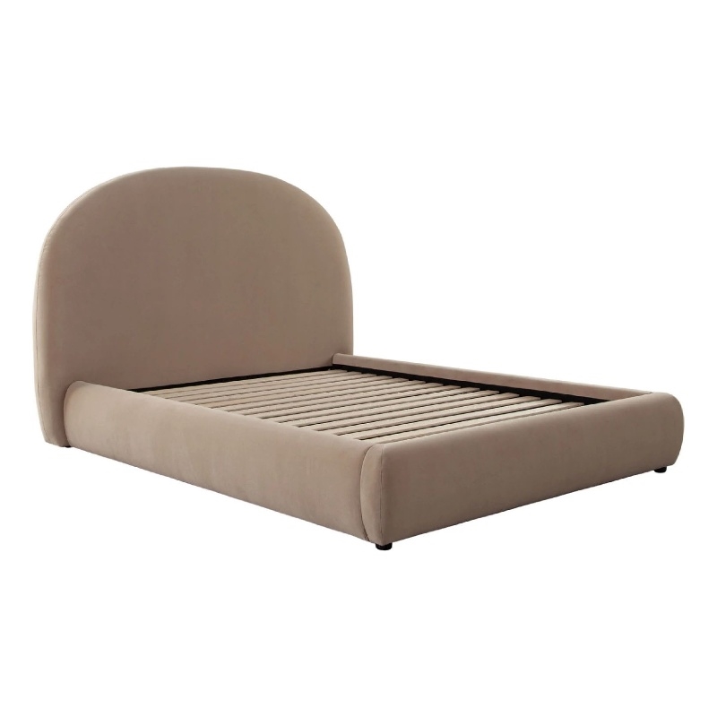 Feny Queen Size Bed w Arch Headboard- Camel Brown Velvet Upholstery