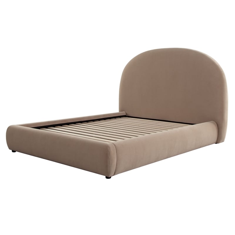 Feny King Size Bed w Arch Headboard- Camel Brown Velvet Upholstery