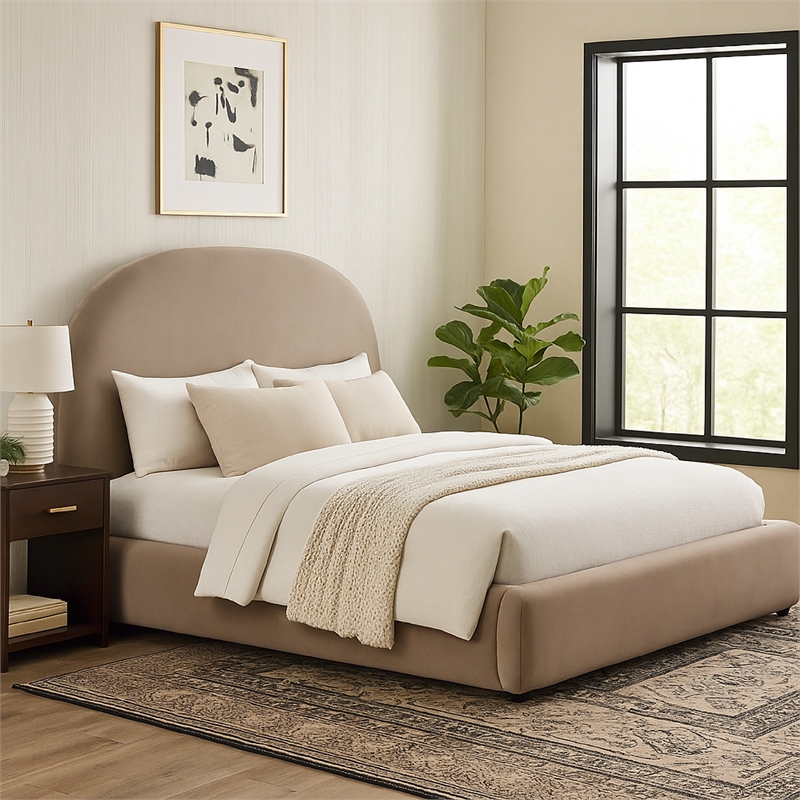 Feny King Size Bed w Arch Headboard- Camel Brown Velvet Upholstery