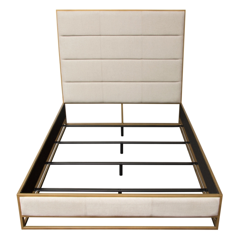 Chek Queen Size Bed w Channel Tufted Upholstery- Sand Brown- Gold Metal
