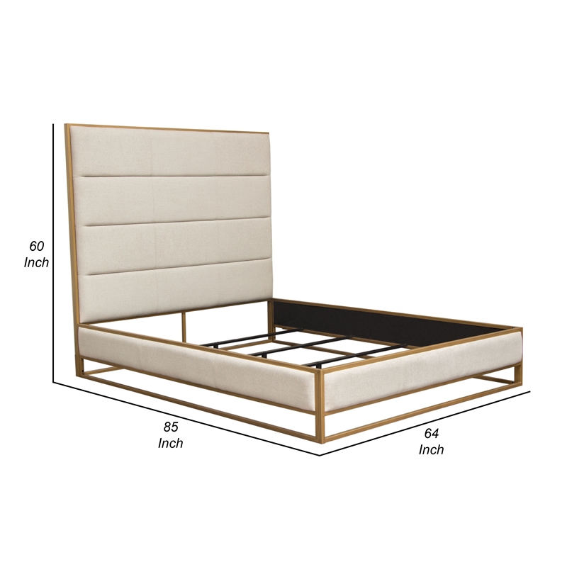 Chek Queen Size Bed w Channel Tufted Upholstery- Sand Brown- Gold Metal