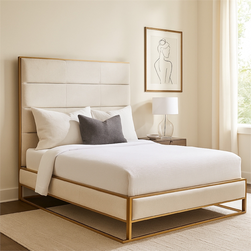 Chek Queen Size Bed w Channel Tufted Upholstery- Sand Brown- Gold Metal