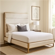 Chek Queen Size Bed w Channel Tufted Upholstery- Sand Brown- Gold Metal