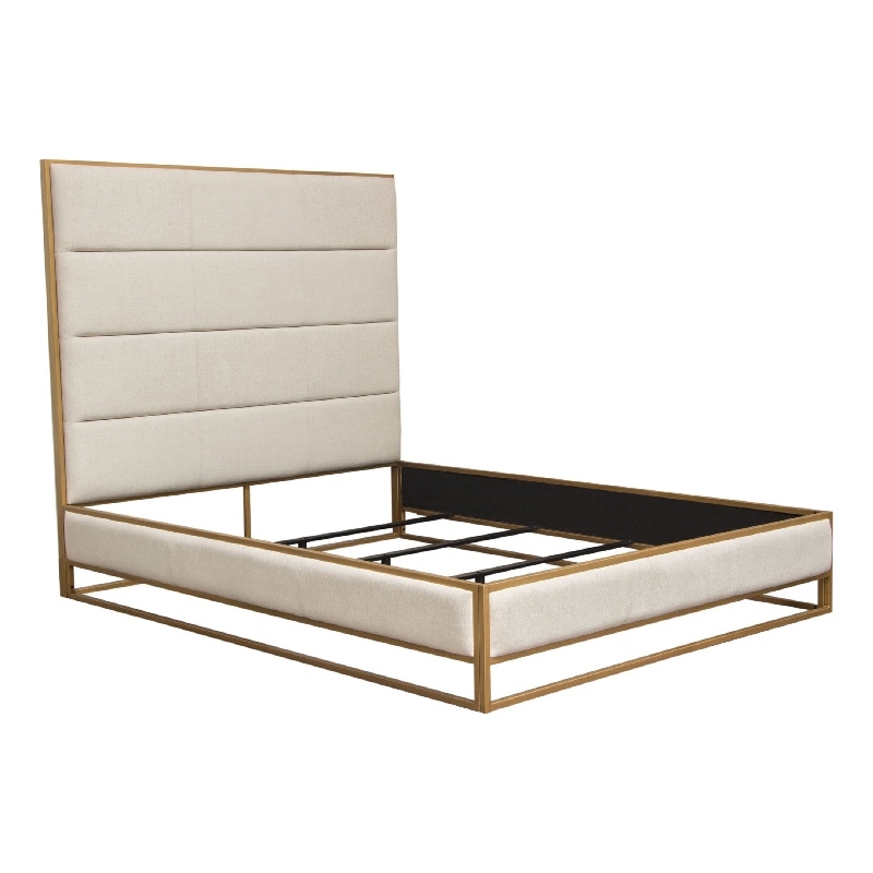 Chek Queen Size Bed w Channel Tufted Upholstery- Sand Brown- Gold Metal