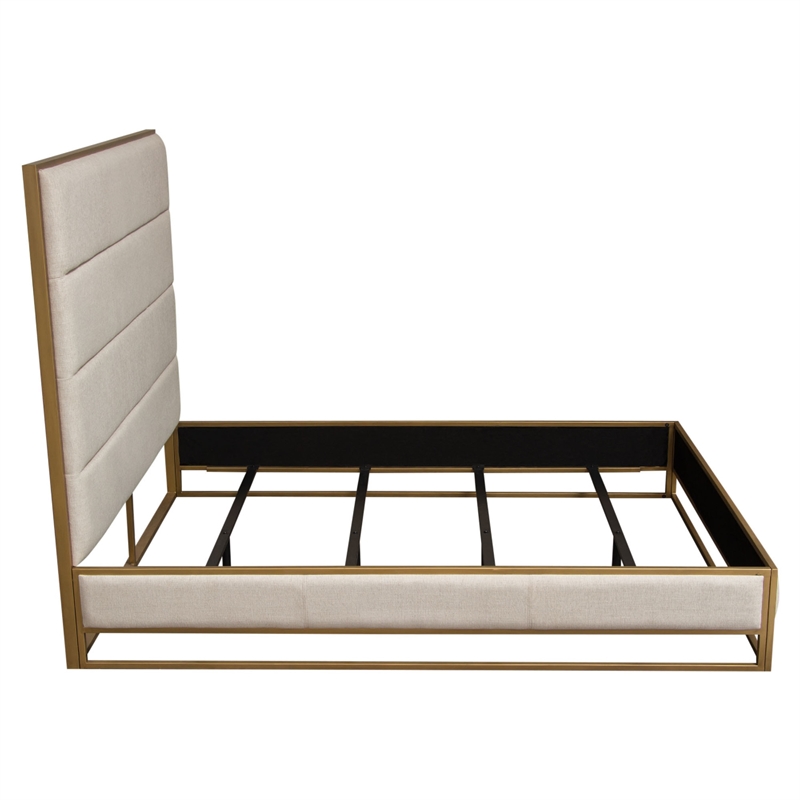 Chek King Size Bed w Channel Tufted Upholstery- Sand Brown- Gold Metal