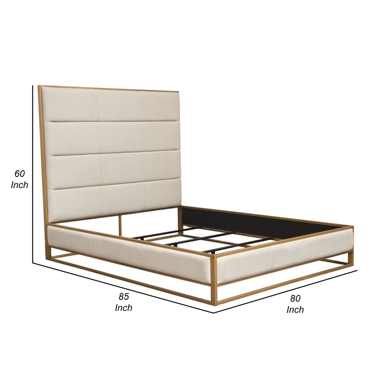 Chek King Size Bed w Channel Tufted Upholstery- Sand Brown- Gold Metal