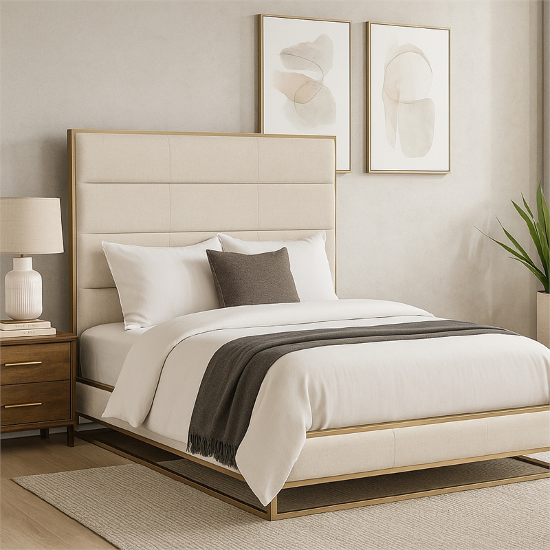 Chek King Size Bed w Channel Tufted Upholstery- Sand Brown- Gold Metal