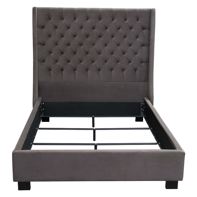 Zoa King Size Bed w Tufted Headboard- Smoke Gray Velvet Upholstery