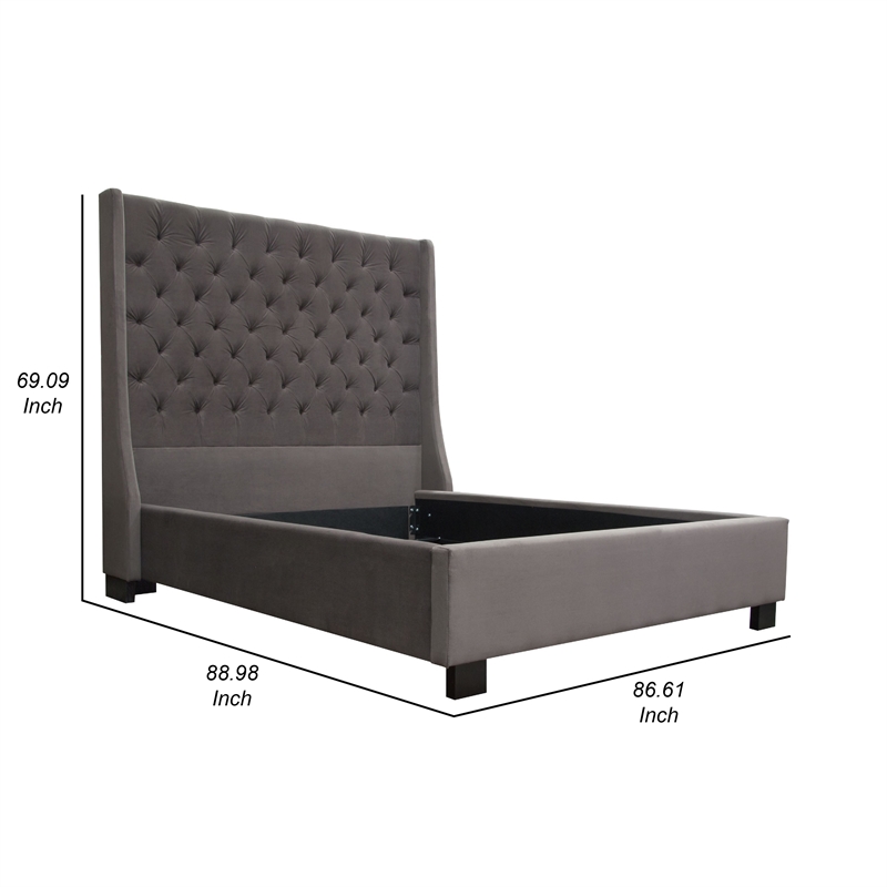 Zoa King Size Bed w Tufted Headboard- Smoke Gray Velvet Upholstery