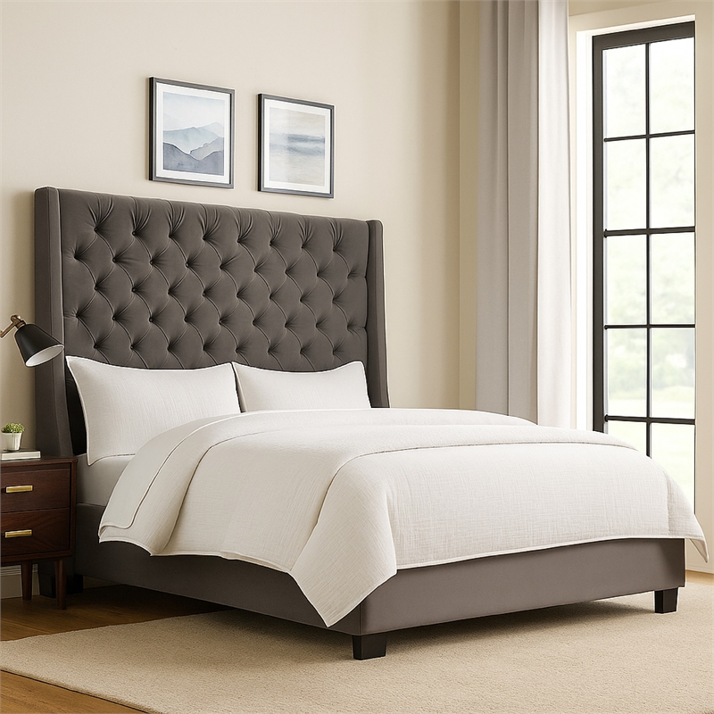 Zoa King Size Bed w Tufted Headboard- Smoke Gray Velvet Upholstery