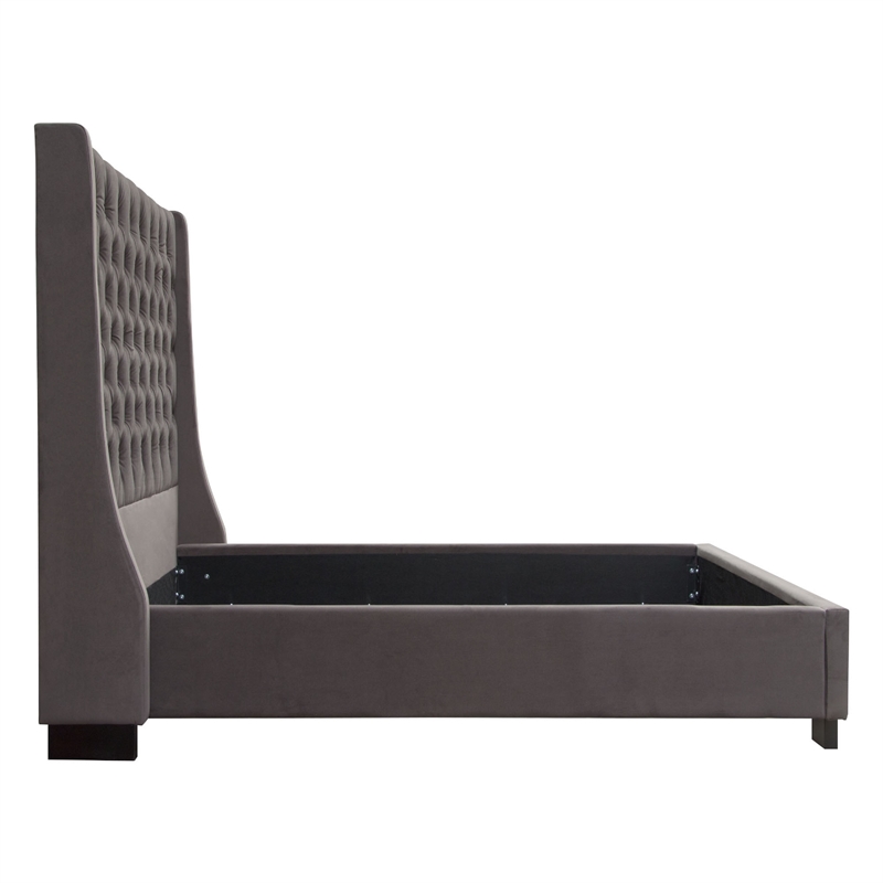 Zoa King Size Bed w Tufted Headboard- Smoke Gray Velvet Upholstery