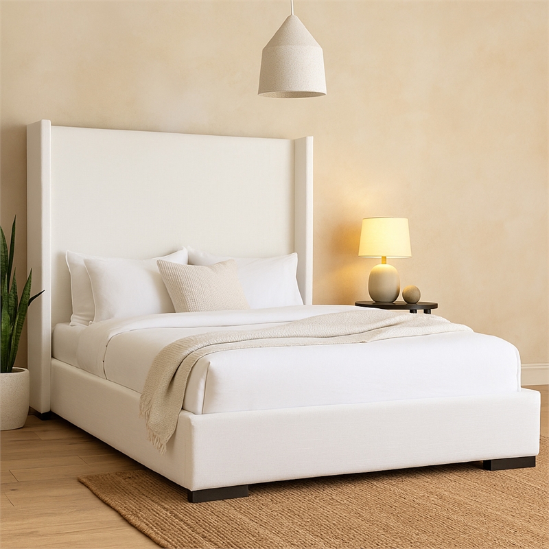 Boa Queen Size Bed w Vintage Wing Headboard- White Linen Upholstery