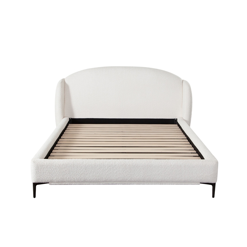 Peli King Size Bed- Low Profile Curved Back Ivory Faux Shearling Upholstery