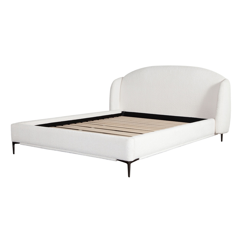 Peli King Size Bed- Low Profile Curved Back Ivory Faux Shearling Upholstery