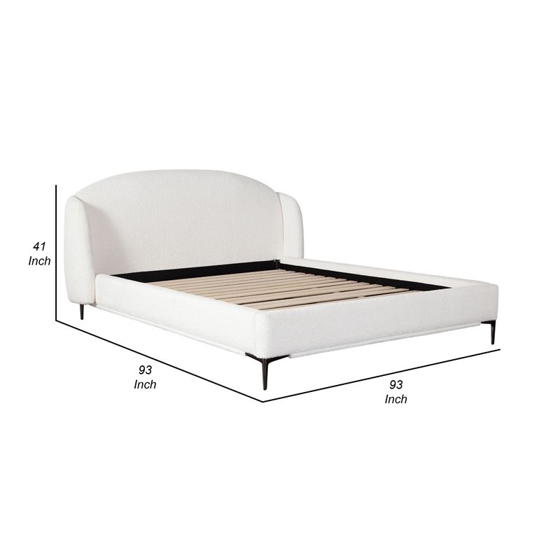 Peli King Size Bed- Low Profile Curved Back Ivory Faux Shearling Upholstery