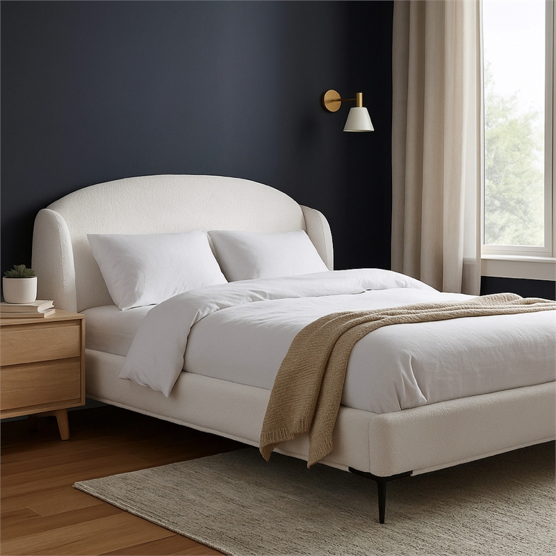 Peli King Size Bed- Low Profile Curved Back Ivory Faux Shearling Upholstery