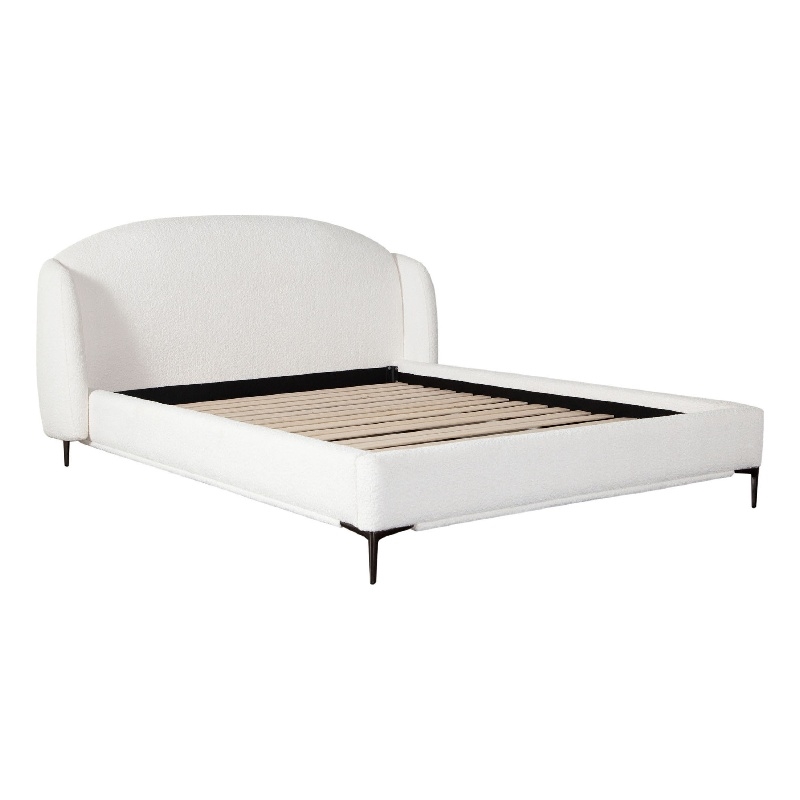 Peli King Size Bed- Low Profile Curved Back Ivory Faux Shearling Upholstery