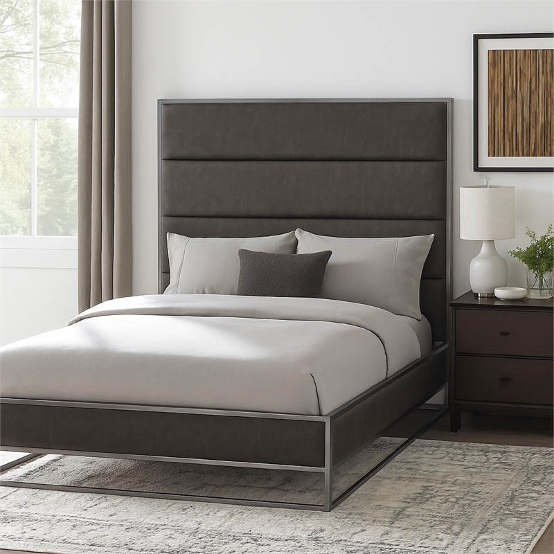 Chek Queen Size Bed- Gray Faux Leather Upholstery w Silver Metal Frame