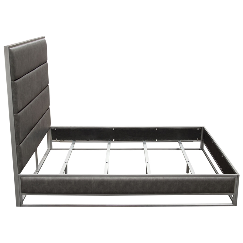 Chek Queen Size Bed- Gray Faux Leather Upholstery w Silver Metal Frame