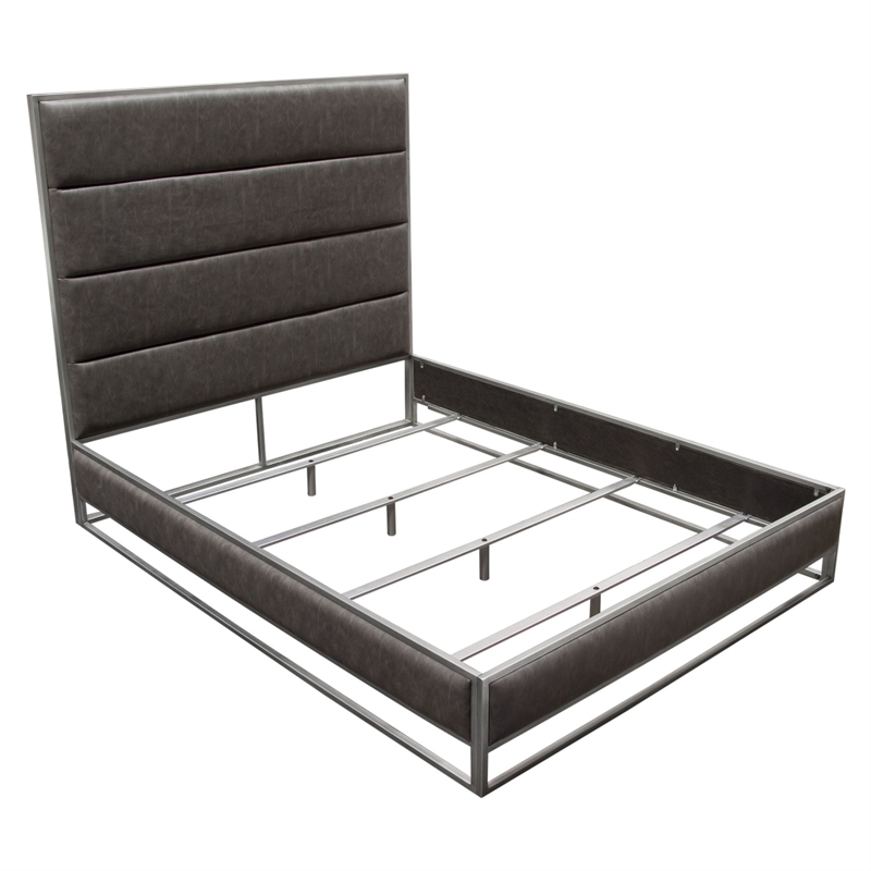 Chek Queen Size Bed- Gray Faux Leather Upholstery w Silver Metal Frame