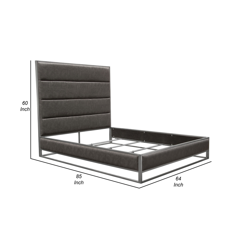 Chek Queen Size Bed- Gray Faux Leather Upholstery w Silver Metal Frame