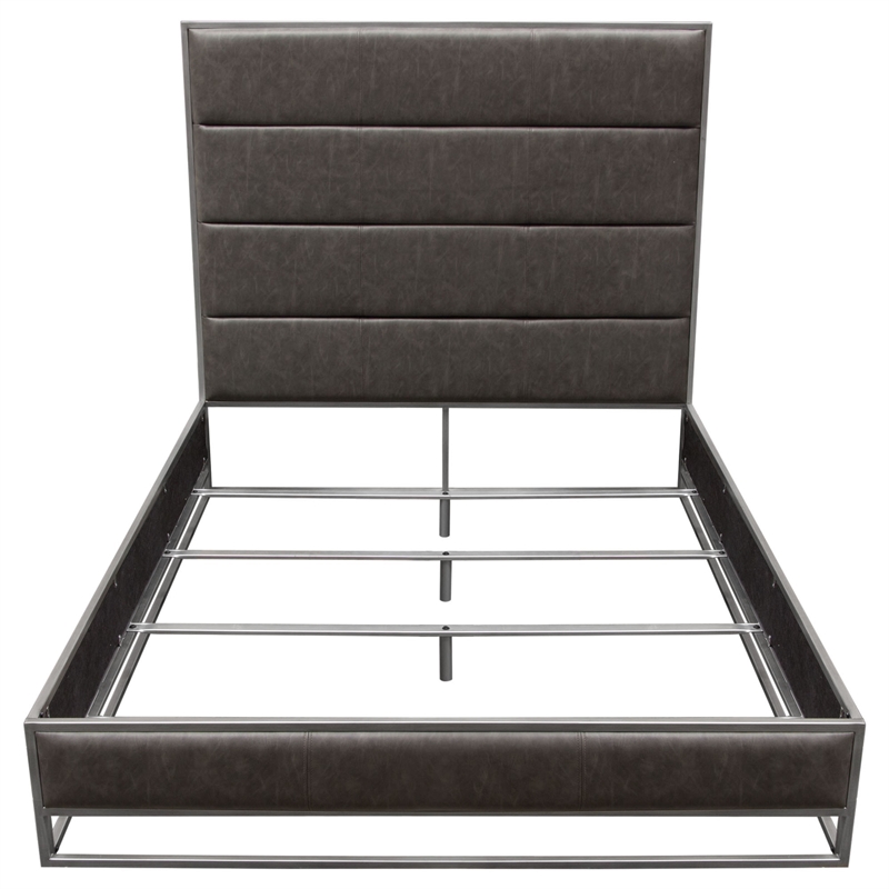 Chek Queen Size Bed- Gray Faux Leather Upholstery w Silver Metal Frame