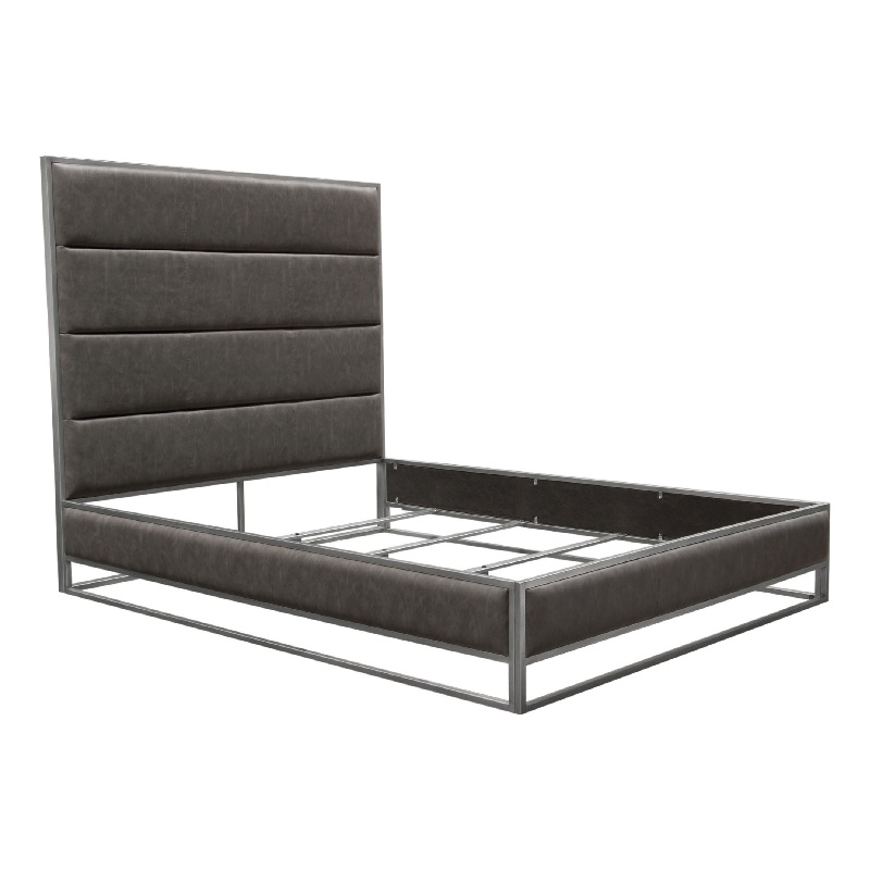 Chek Queen Size Bed- Gray Faux Leather Upholstery w Silver Metal Frame