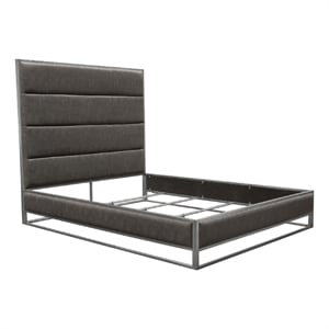 Chek Queen Size Bed- Gray Faux Leather Upholstery w Silver Metal Frame