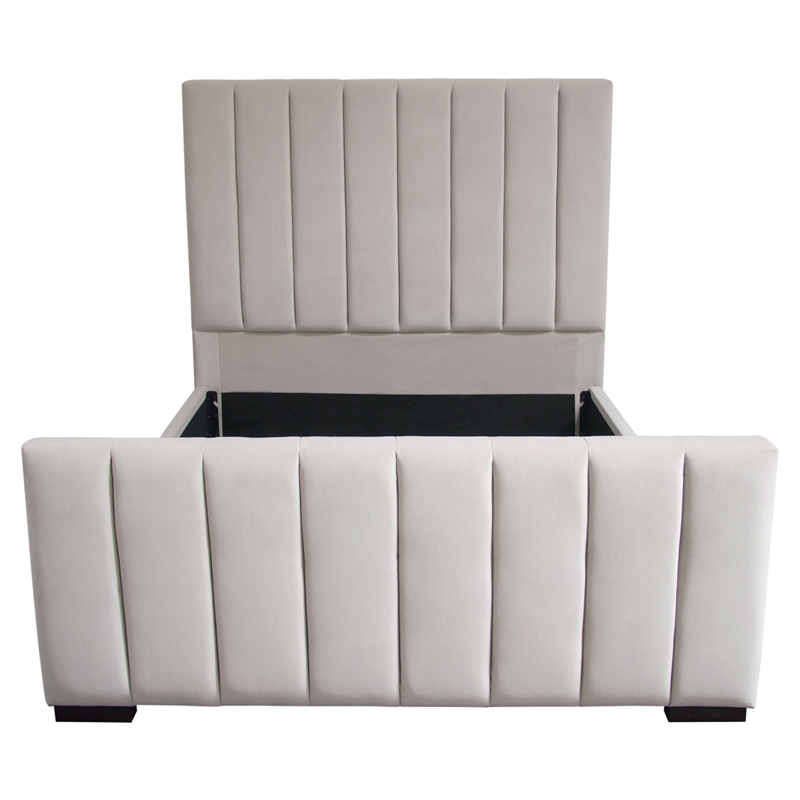 Eva Queen Bed- Vertical Channel Tufted Light Gray Velvet Upholstery