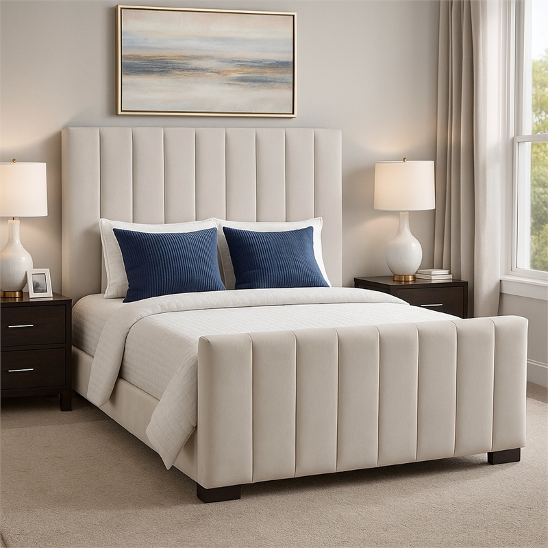 Eva Queen Bed- Vertical Channel Tufted Light Gray Velvet Upholstery