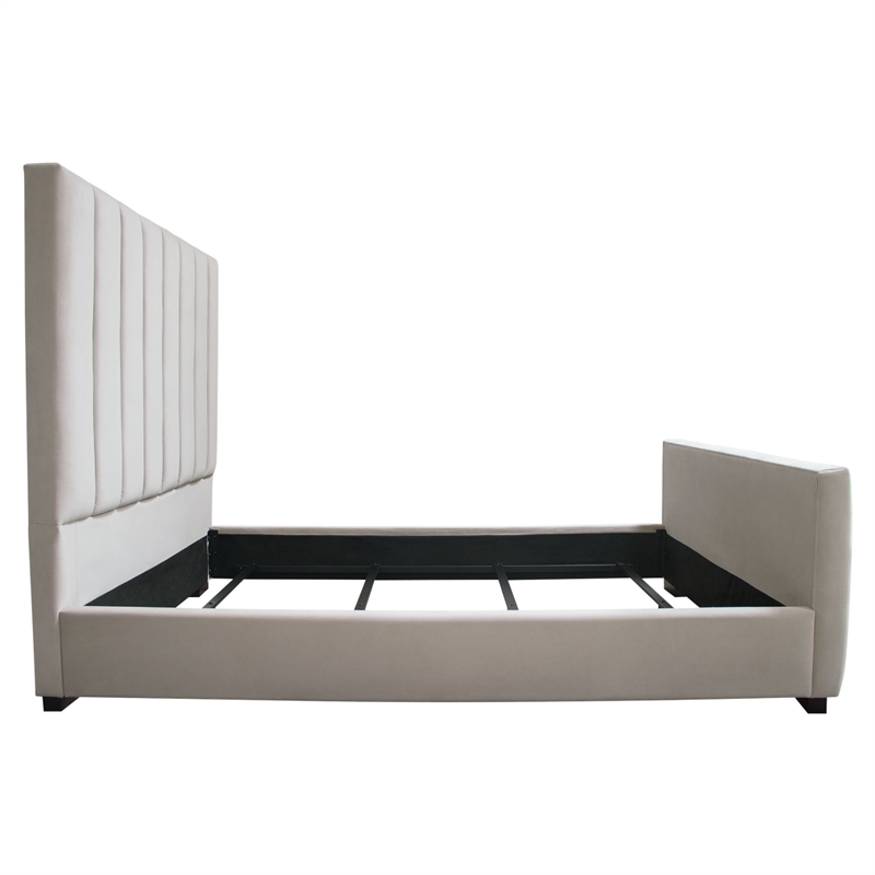 Eva Queen Bed- Vertical Channel Tufted Light Gray Velvet Upholstery