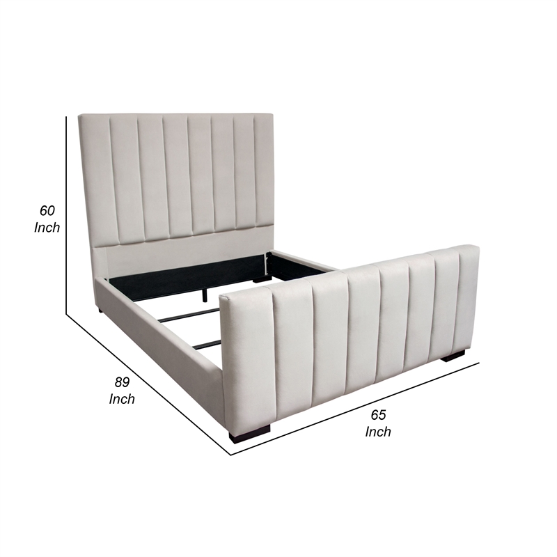 Eva Queen Bed- Vertical Channel Tufted Light Gray Velvet Upholstery