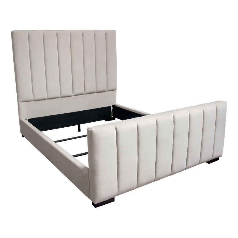 Eva Queen Bed- Vertical Channel Tufted Light Gray Velvet Upholstery