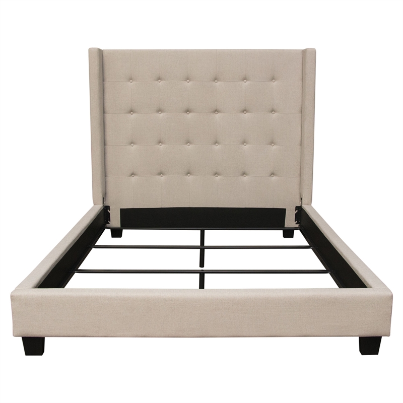 Seny Queen Size Bed- Button Tufted Wingback- Sand Brown Upholstery