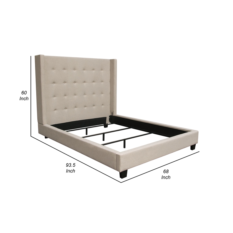 Seny Queen Size Bed- Button Tufted Wingback- Sand Brown Upholstery
