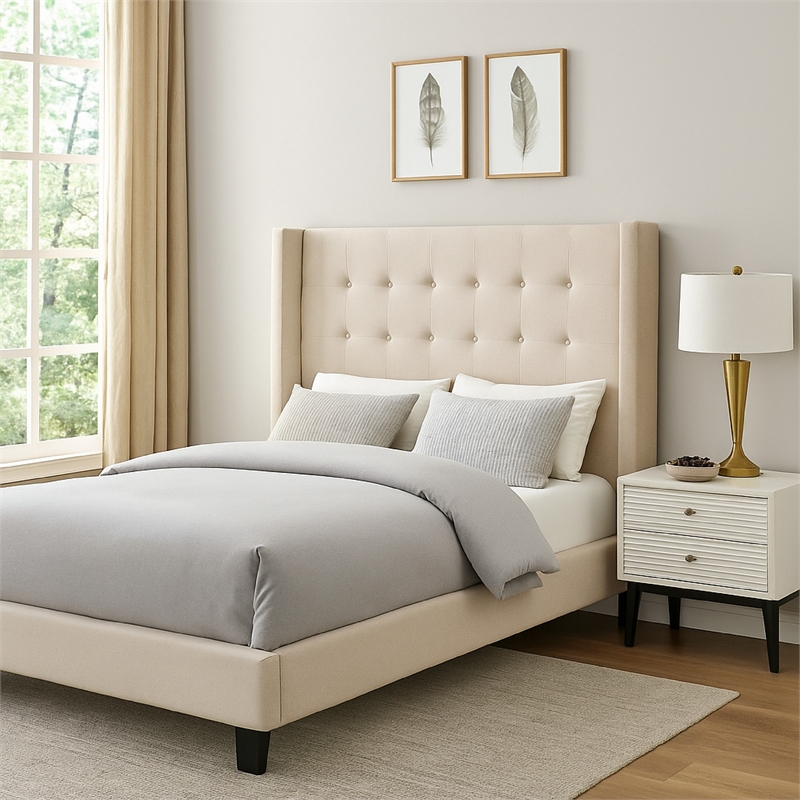 Seny Queen Size Bed- Button Tufted Wingback- Sand Brown Upholstery