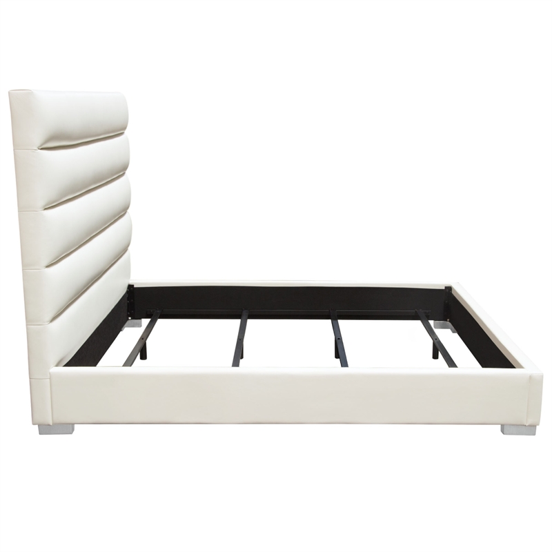 Hela Queen Size Bed- Channel Tufted White Faux Leather Upholstery