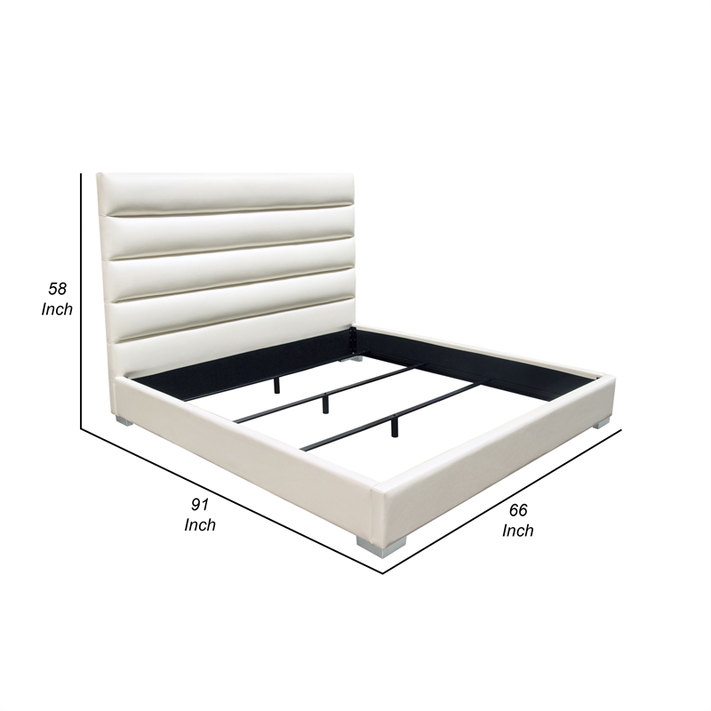 Hela Queen Size Bed- Channel Tufted White Faux Leather Upholstery