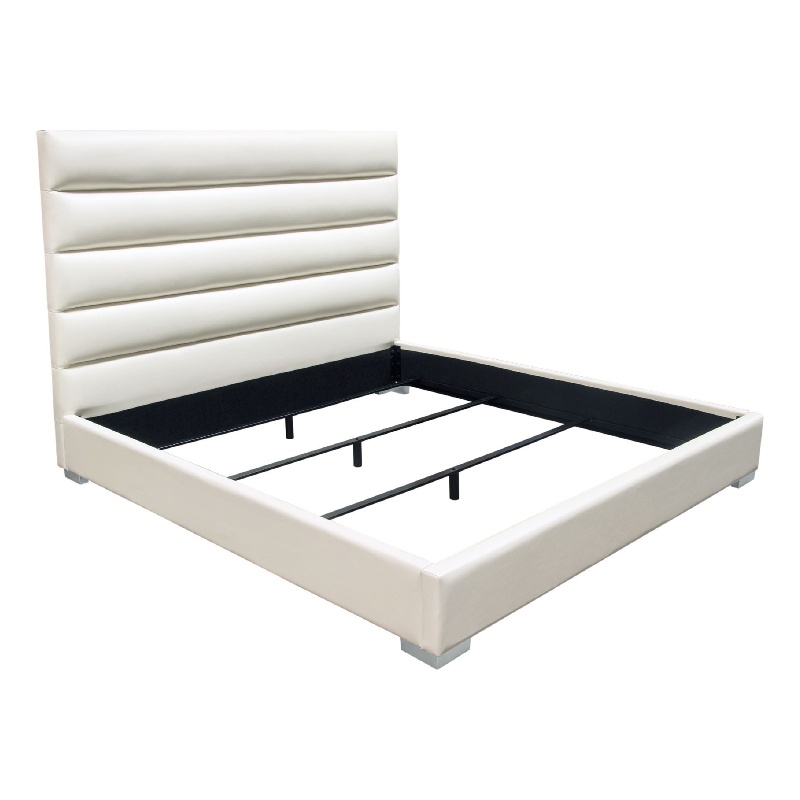 Hela Queen Size Bed- Channel Tufted White Faux Leather Upholstery
