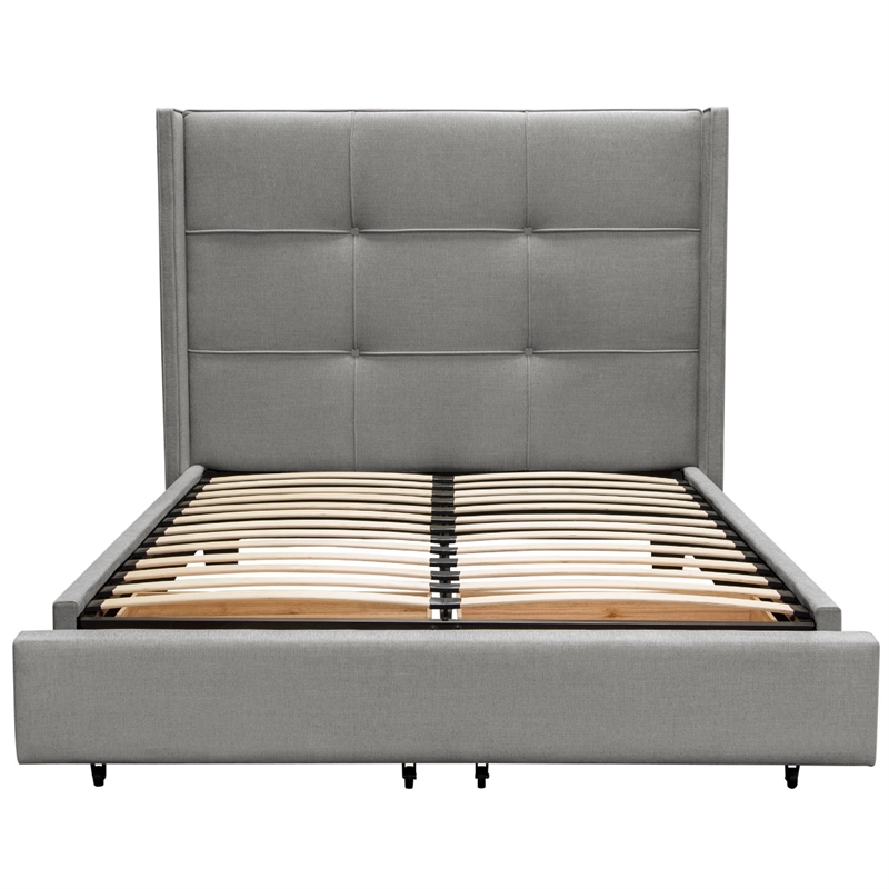 Bea Queen Size Bed with Storage Footboard- Gray Faux Linen Upholstery