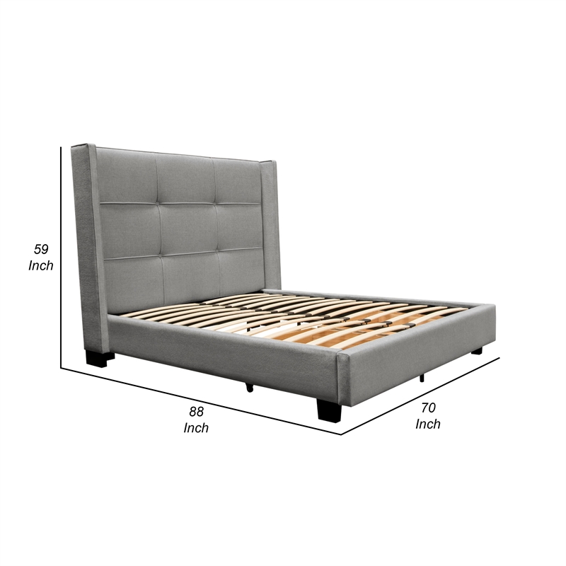 Bea Queen Size Bed with Storage Footboard- Gray Faux Linen Upholstery