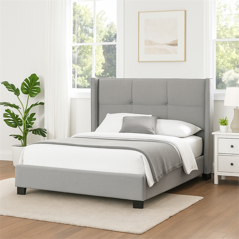 Bea Queen Size Bed with Storage Footboard- Gray Faux Linen Upholstery